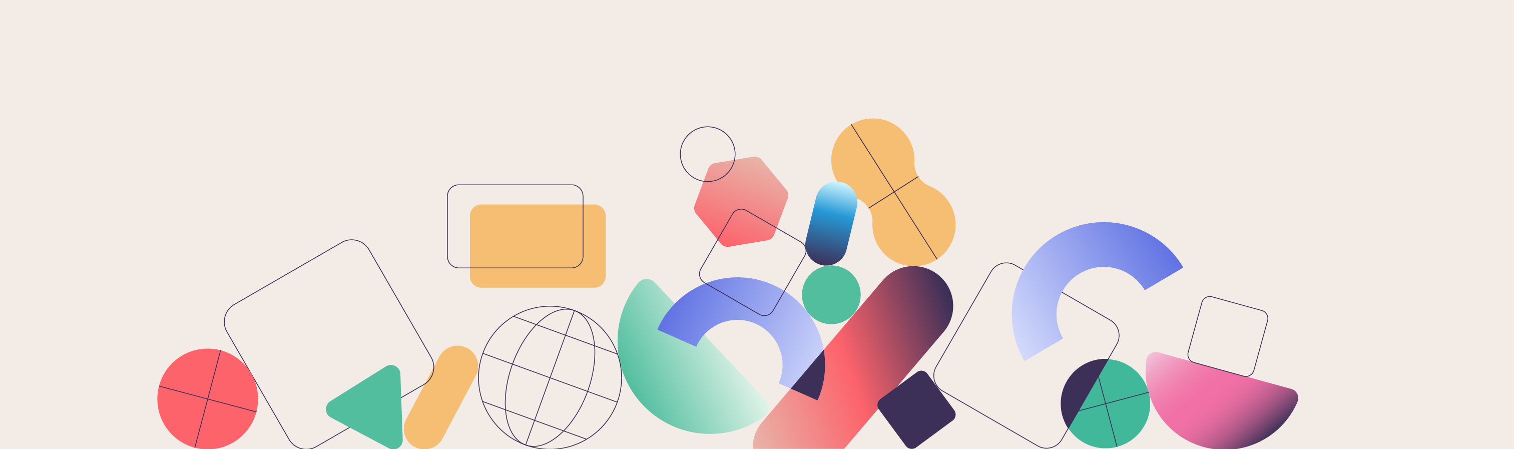 Abstract illustration featuring two stylized human figures surrounded by colourful geometric shapes, including spheres, arcs, hexagons, rectangles and drawings of leaves. One figure is standing and points at a sphere that resembles a globe. The other figure is sitting inside a rectangle and picks up a blue gradient arc.
