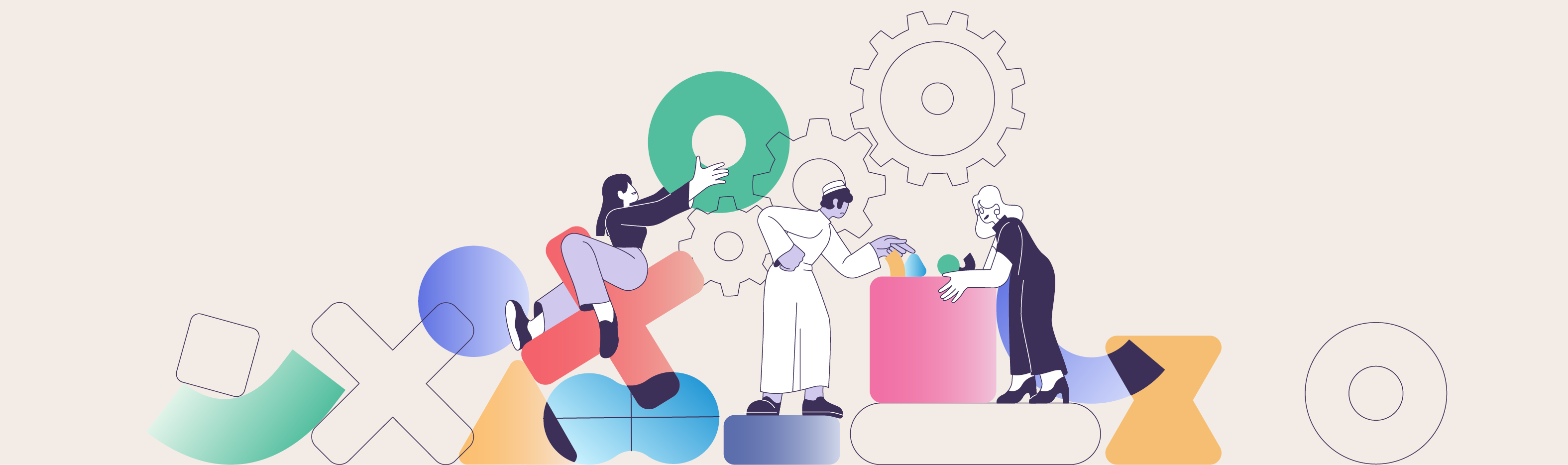 An abstract illustration featuring two stylized human figures standing on either sides of a waist-high cube. The two figures are examining small geometric shapes placed on top of the cube. In the background there are three big cogs.