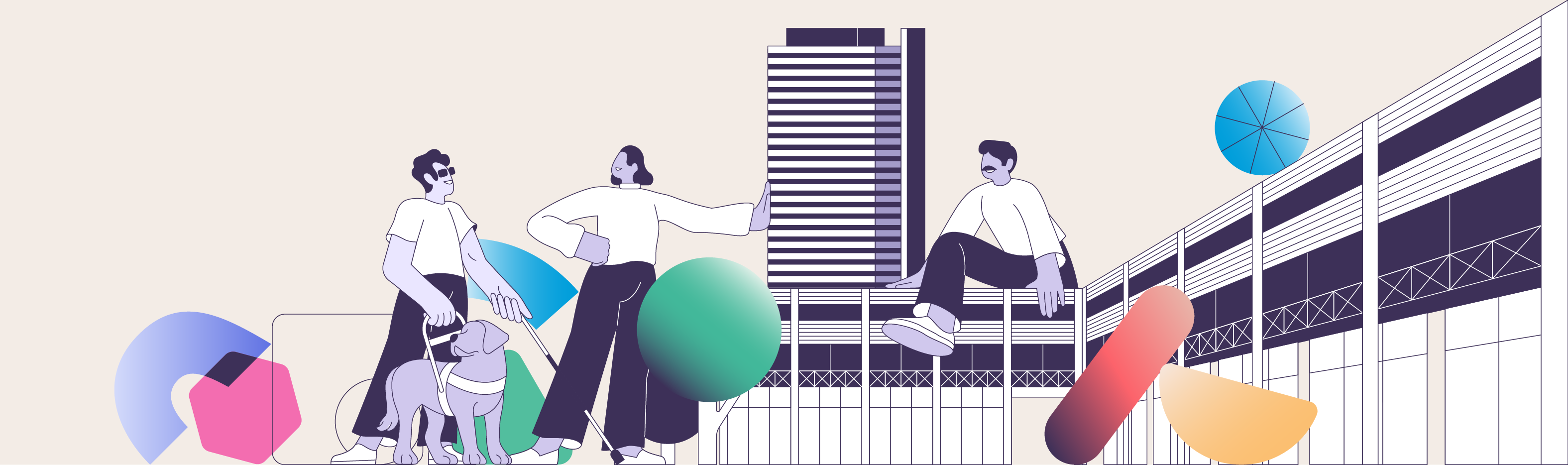 Illustration featuring three human figures at the UNSSC Campus. The figures are disproportionately large compared to the buildings. The first figure from the left is accompanied by a guide dog, the second one is leaning on the building hosting UNSSC's offices in Bonn, and the third figure is climbing over the buildings in the Turin Campus.