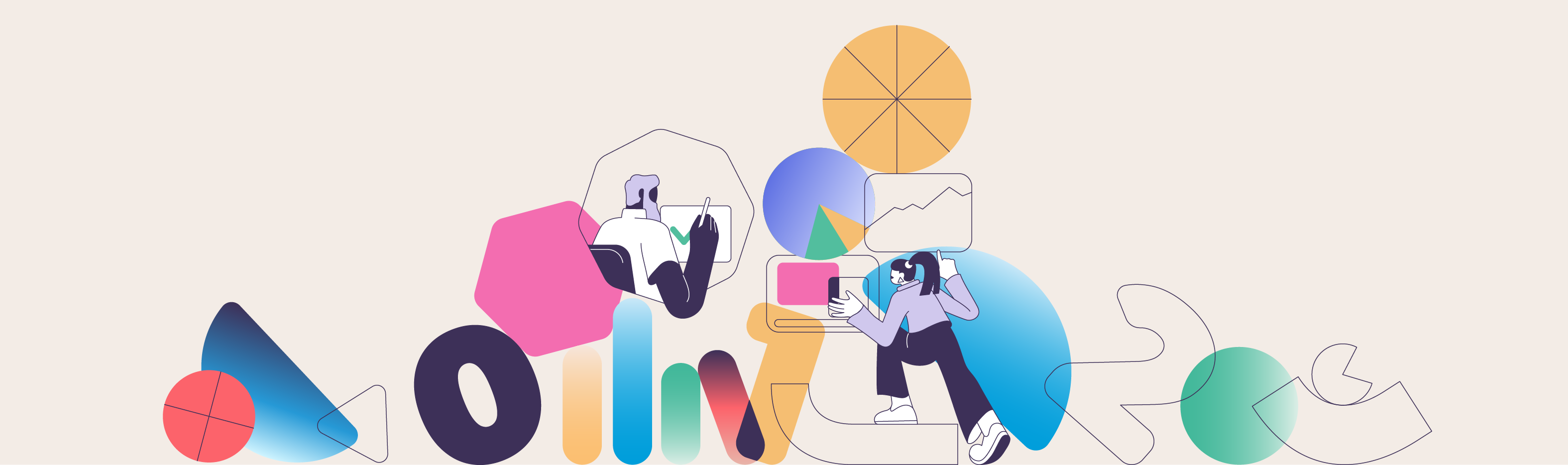 An abstract illustration featuring two stylized human figures among geometric shapes. Inside an octagon, one figure is sitting in front of what looks like a computer screen. The other figure is standing and is interacting with two rectangles that resemble interactive boards.