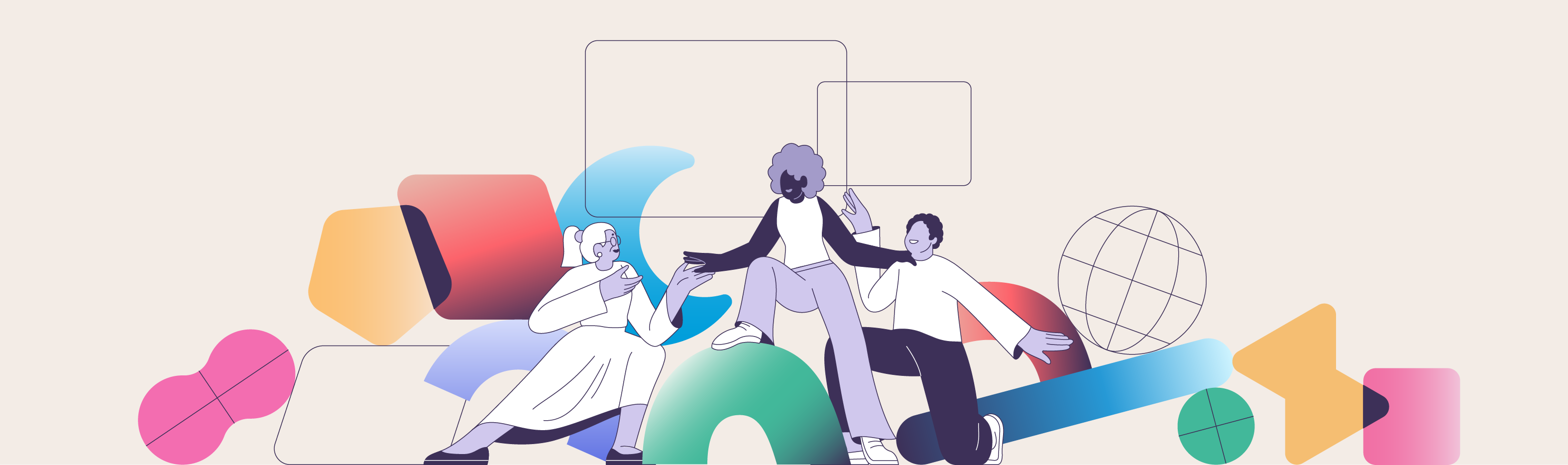 Abstract illustration featuring three stylized human figures forming a compact trio. The two lateral figures are supporting the central one as it steps on an arc.
