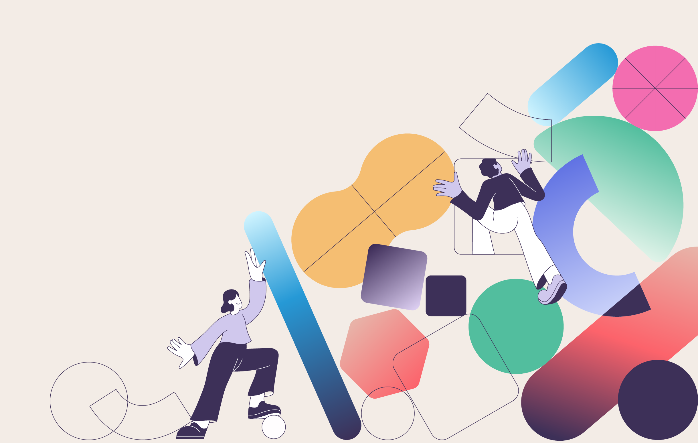 Abstract illustration featuring two stylized human figures interacting with large, colourful geometric shapes such as circles, rectangles and arcs.