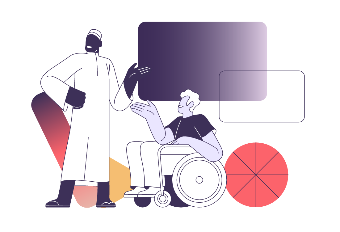 An abstract illustration featuring two stylized human figures talking. One figure is standing and the other is in a wheelchair. Above the second figure there is a circle divided into eight parts.