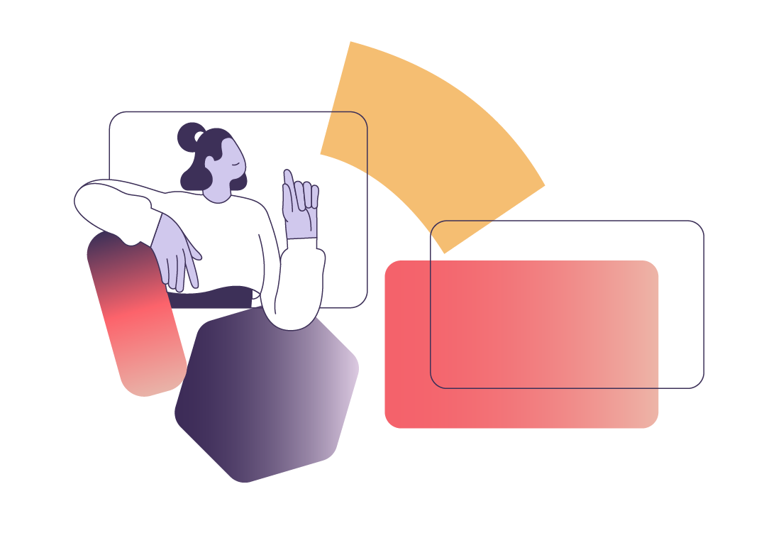 An abstract illustration featuring rectangles of different colours and dimensions. On the left emerges a stylized human figure that is raising a hand as if to ask a question. 