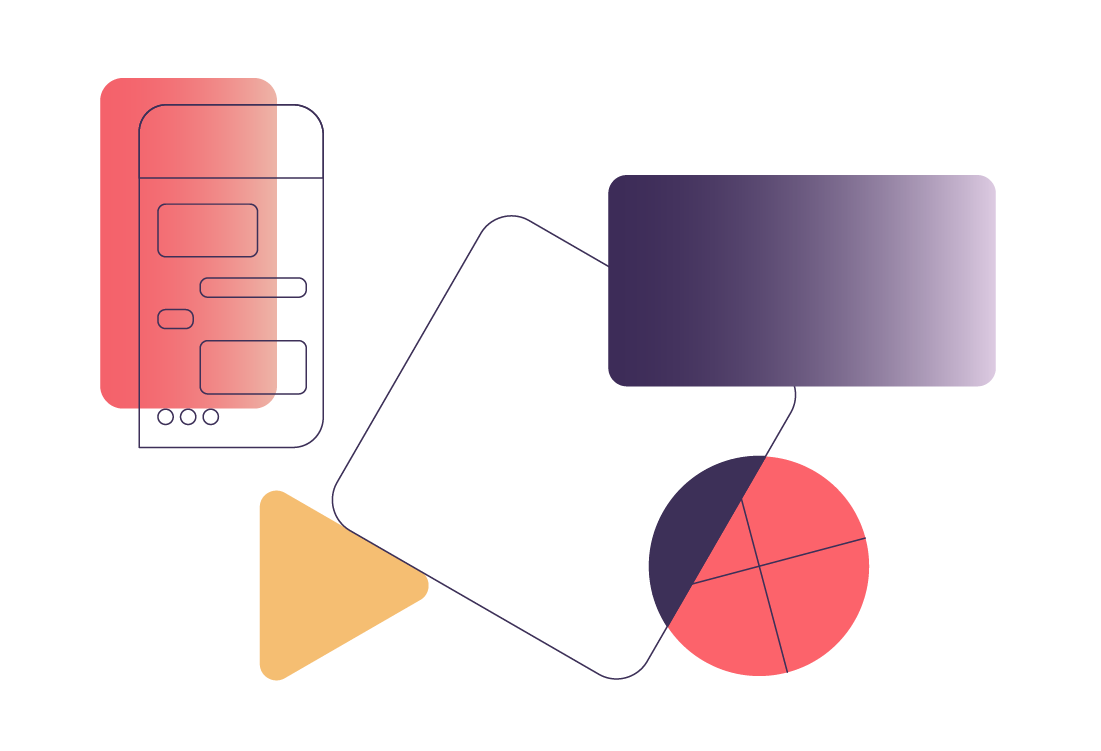 An abstract illustration featuring rectangles, arc anc circle of different colours and dimensions.
