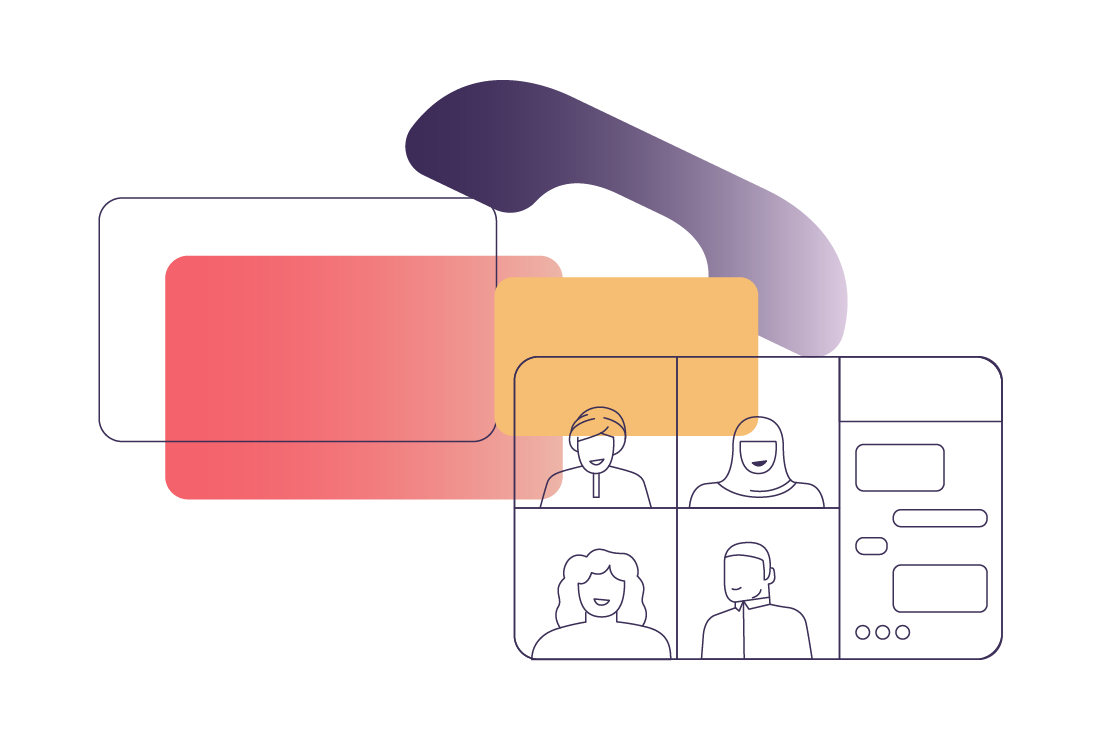 An abstract illustration featuring rectangles of different colours and dimensions. In the centre, one rectangle is a screenshot of a video call.