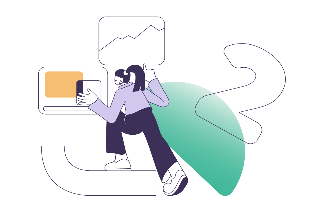 An abstract illustration featuring a stylized human figure interacting with two rectangles that resemble interactive boards. 