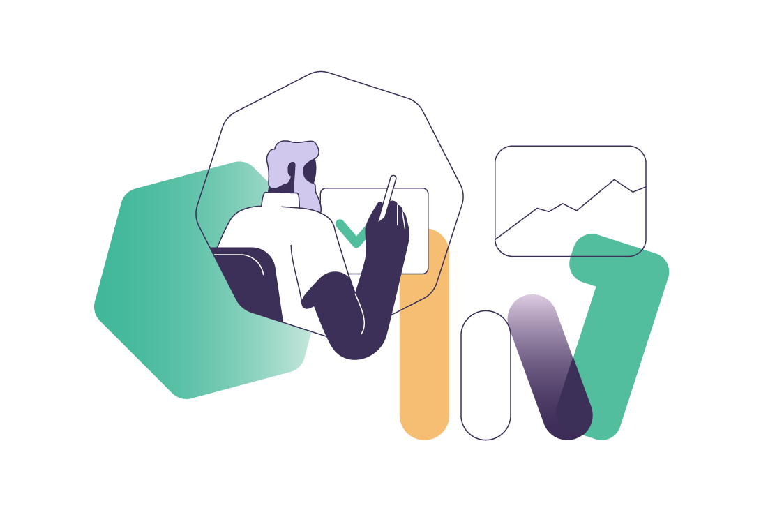 An abstract illustration featuring a stylized human figure sitting in front of a computer screen inside an octagon. Below the octagon, there are drawings of a big one, a circle and a line chart.