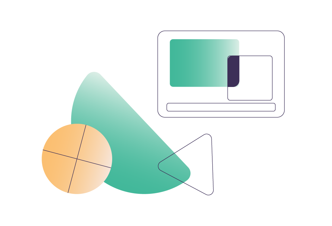 An abstract illustration featuring a group of geometric shapes. There is a rectangle resembling an interactive board, a semi-circle, a triangle and a pie chart.