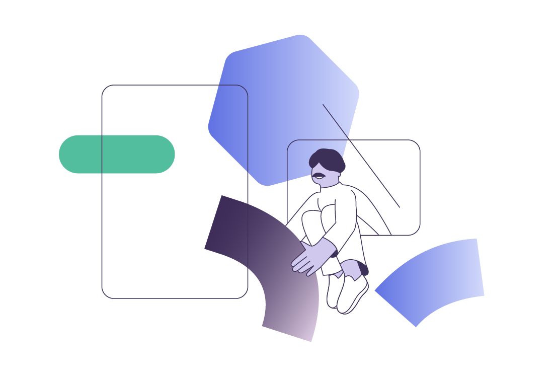 Abstract illustration featuring a stylized human figure surrounded by colourful geometric shapes, including circles and arcs. The figure is sitting inside a rectangle and is picking up an arc.