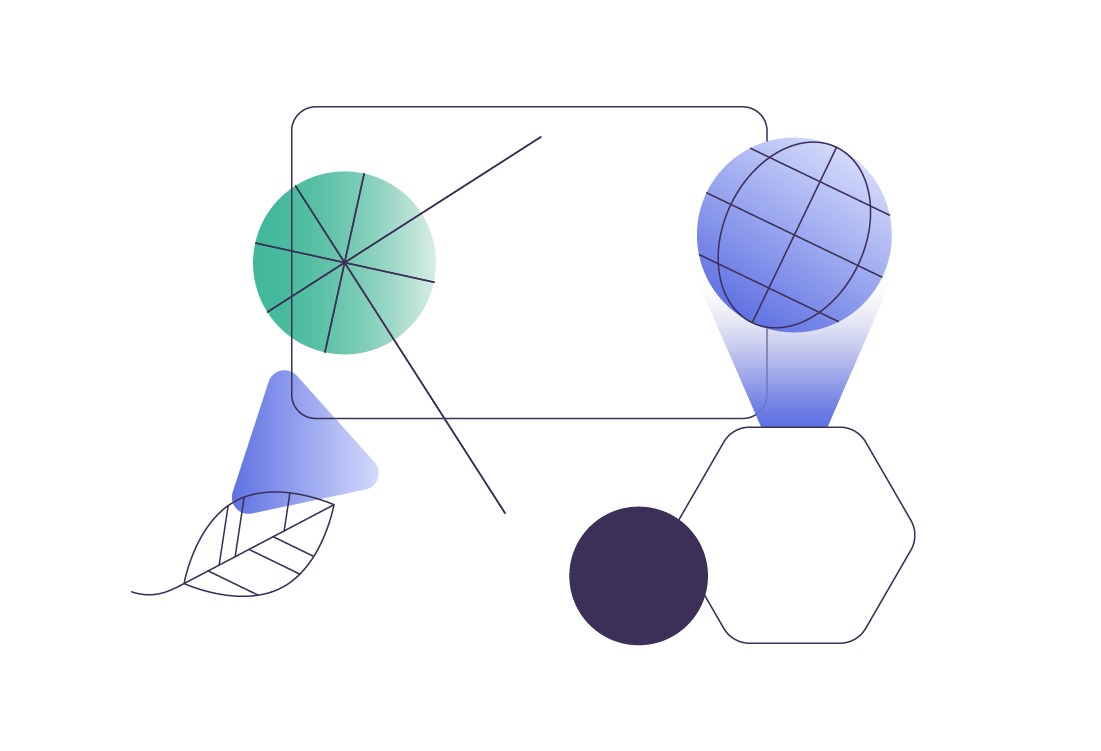 Abstract illustration of colourful geometric shapes, including circles and leaf.