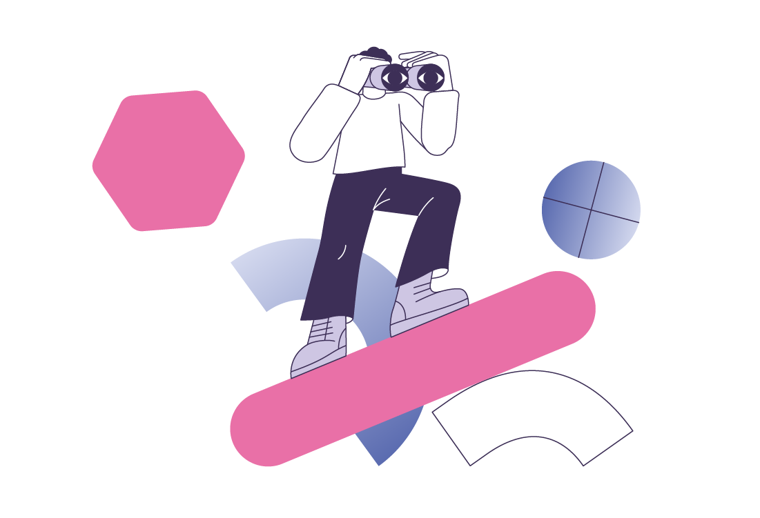 Illustration featuring a stylized human figure holding binoculars and looking into the distance.