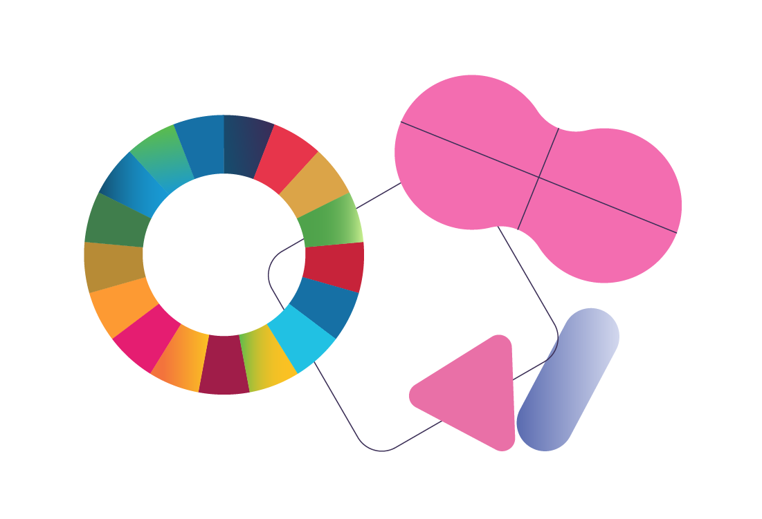 Abstract illustration featuring an ensemble of colourful geometric shapes. One of the shapes is the Sustainable Development Goals' wheel.
