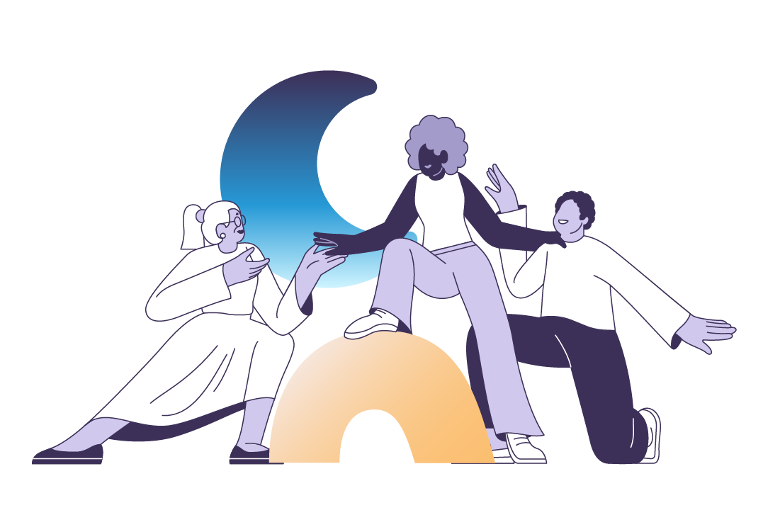 Abstract illustration featuring three stylized human figures forming a compact trio. The two lateral figures are supporting the central one as it steps on an arc.