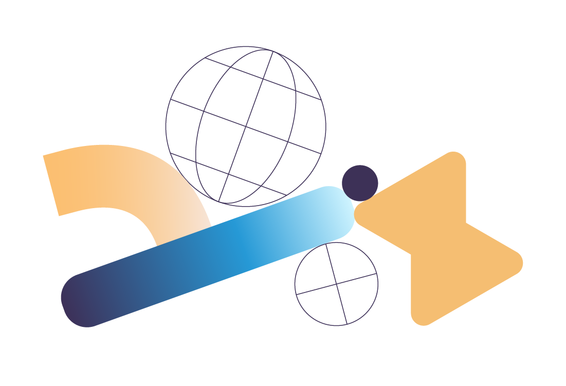 An abstract illustration featuring a group of shapes, including a globe, a sphere and an arc.