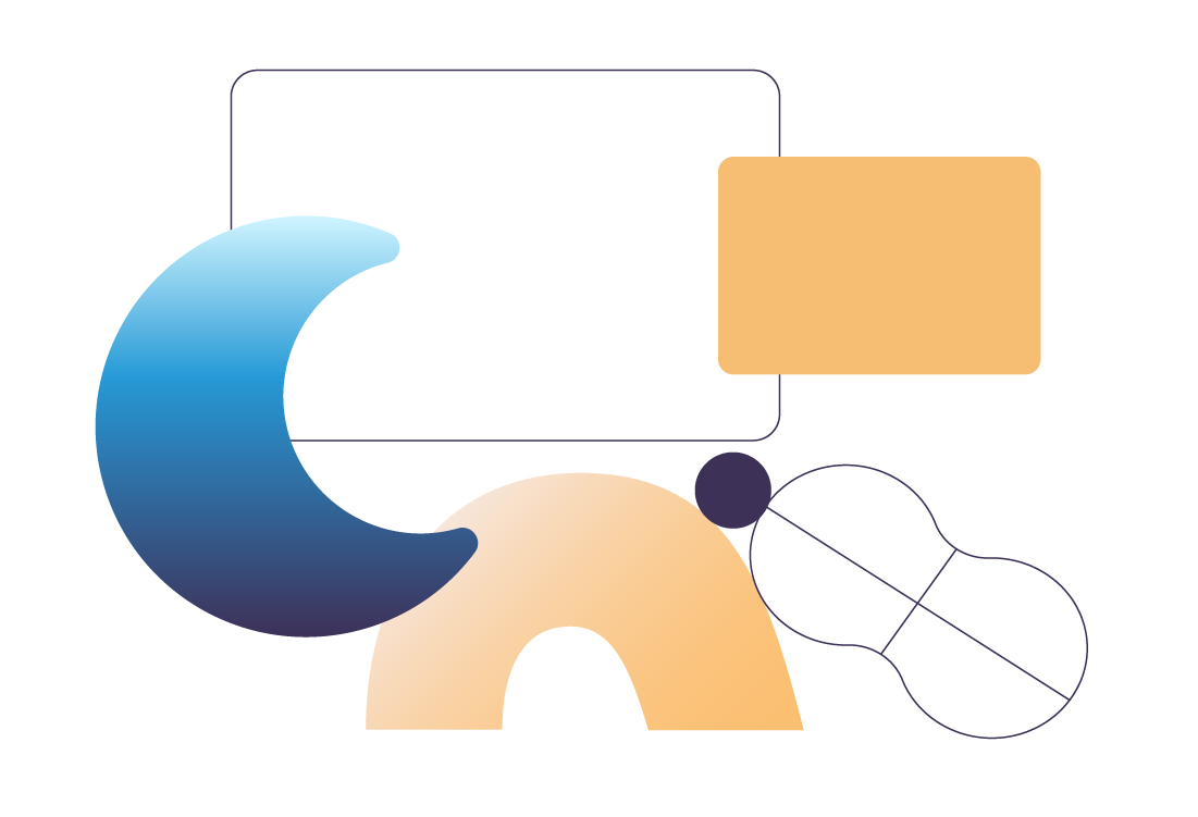 An abstract illustration featuring a group of shapes, including a globe, a sphere and an arc.