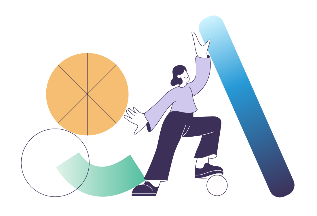  A stylized human figure is stepping with one foot on a small sphere, while seemingly supporting a tall blue gradient shape, surrounded by abstract geometric shapes.