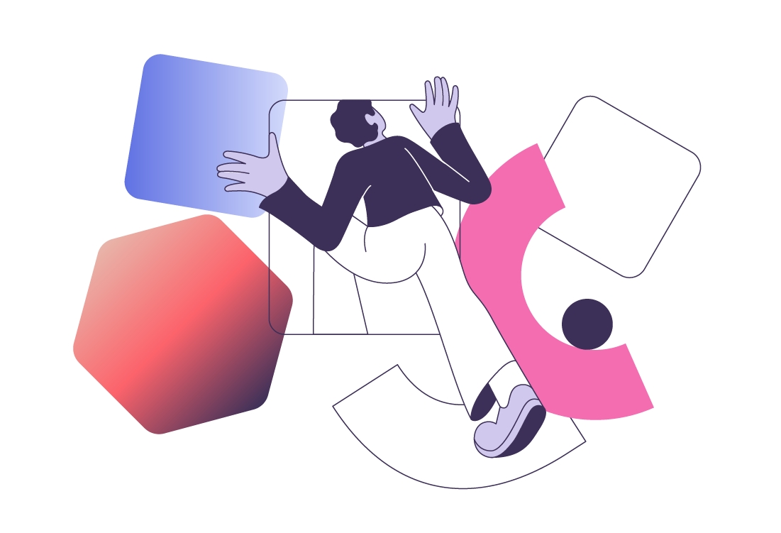 A stylized human figure climbs through a square. He is surrounded by other geometric shapes, including a green circle and a blue arc.