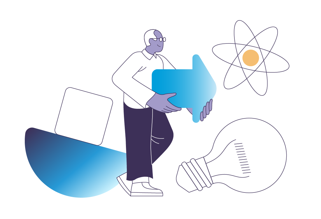 An abstract illustration featuring a human figure walking while holding an arrow that points to the right. Next to the figure on the floor, there is a big light bulb and, in the background, an atom is floating.
