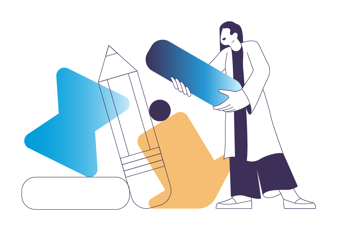 An abstract illustration featuring a stylized human figure wearing a scientist gown and holding a big minus sign. Next to the figure, on the left, there is a big pencil and a down-right pointing arrow.