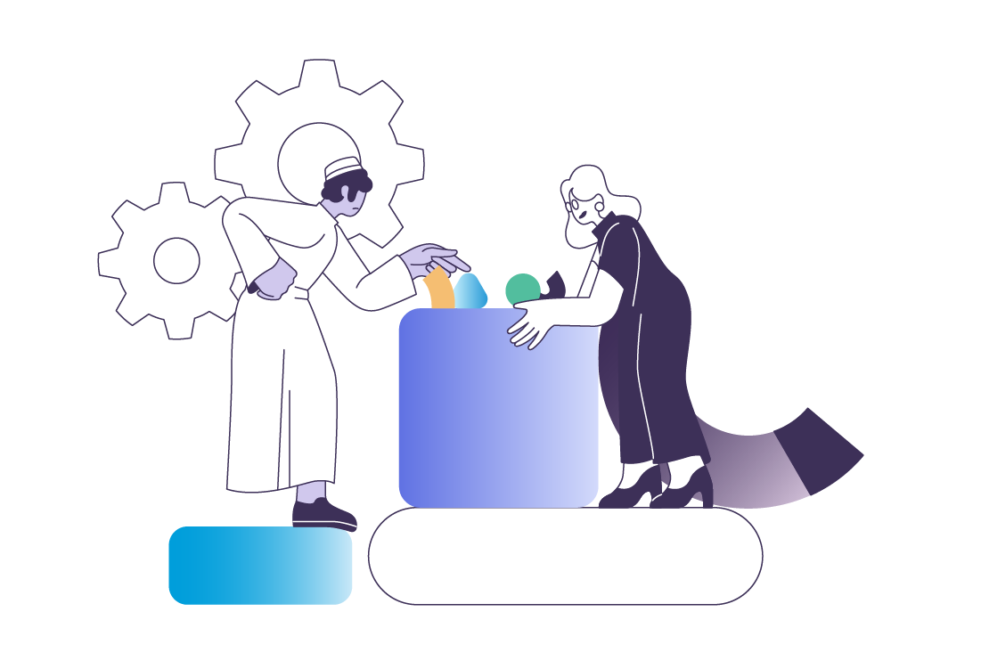An abstract illustration featuring two stylized human figures standing on either sides of a waist-high cube. The two figures are examining small geometric shapes placed on top of the cube. In the background there are two big cogs.