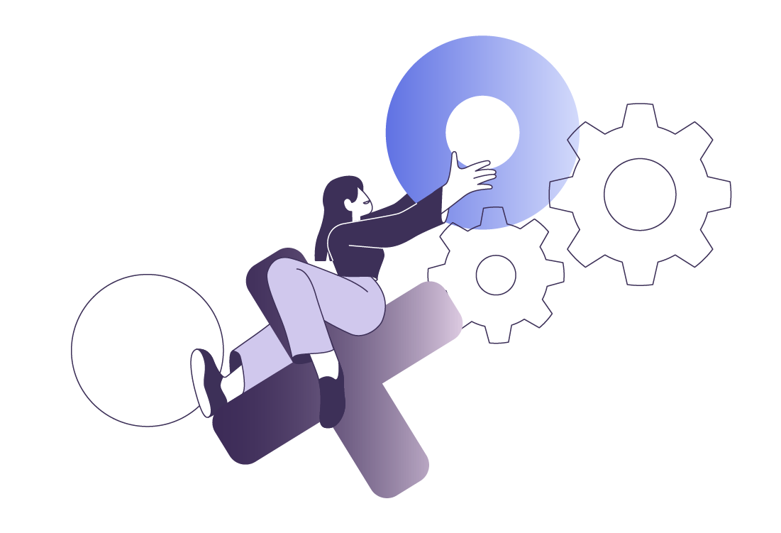 An abstract illustration featuring a stylized human figure sitting on a big, tilted plus sign and reaching to grab a wheel. Under the wheel there is the drawing of a cog.