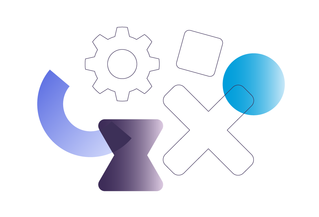 An illustration featuring a group of shapes. The shapes include a circle, a cog, an hourglass, an arc and a multiplication sign.